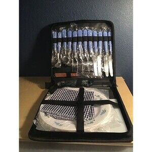 Picnic Set For 4 Travel Carrying Case W/ Cutlery, Carving Board, Plates & Opener
